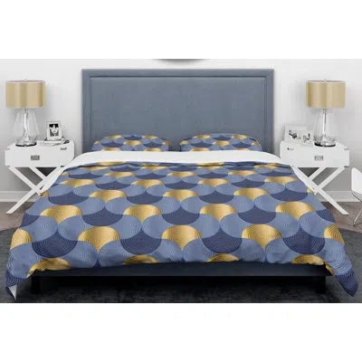 Design Art Retro Luxury Waves Viii Mid-century Duvet Cover Set In Blue,golden