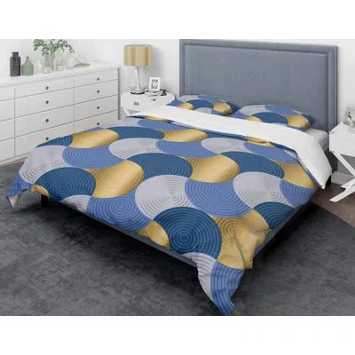 Design Art Retro Luxury Waves X Mid-century Duvet Cover Set In Blue,golden