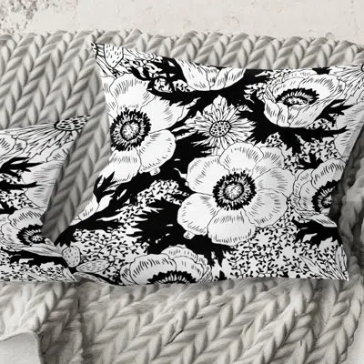 Design Art Retro Monochrome Flowers Pattern - Mid-century Modernprinted Throw Pillow In Black