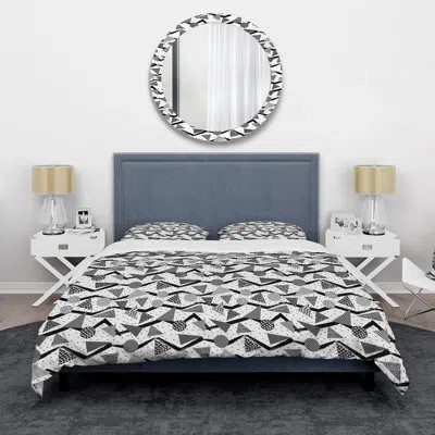 Design Art Retro Monochrome Geometry I - Mid-century Modern Duvet Cover Set - Microfiber Polyester In White,black