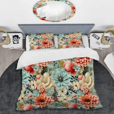 Design Art Retro Pastel Bouquet Revival Duvet Cover Set In Green;beige