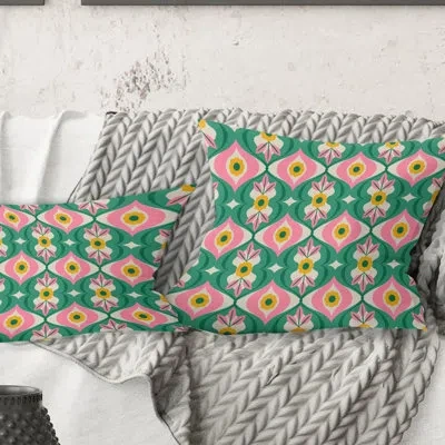 Design Art Retro Pattern With Flowers And Leaves - Mid-century Modern Printed Throw Pillow In Green