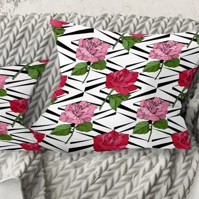 Design Art Retro Pink And Red Roses - Mid-century Modernprinted Throw Pillow