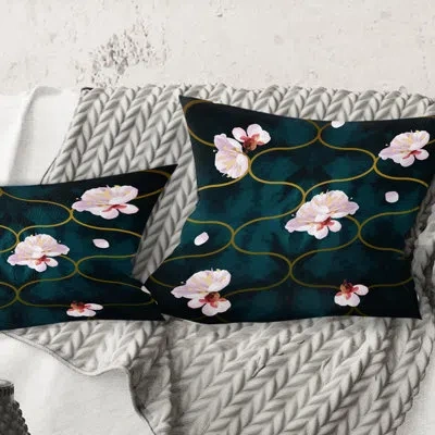 Design Art Retro Pink Flower Pattern Ii - Mid-century Modernprinted Throw Pillow In Blue;pink