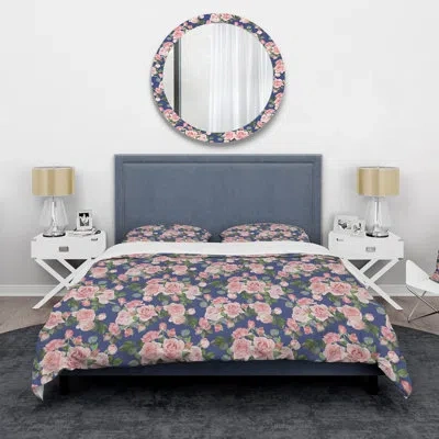 Design Art Retro Pink Roses - Traditional Duvet Cover Set - Microfiber Polyester In Blue