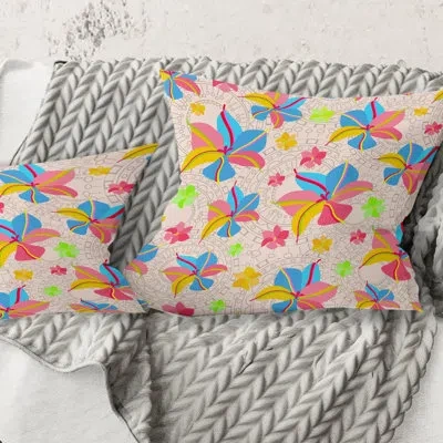 Design Art Retro Pink Yellow Flowers - Mid-century Modernprinted Throw Pillow