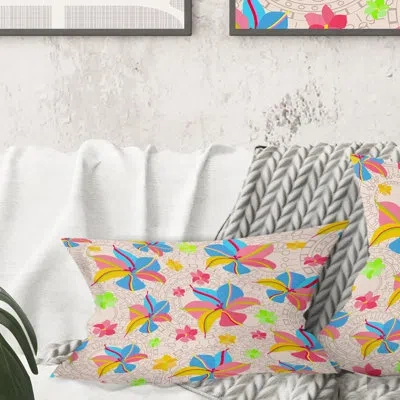 Design Art Retro Pink Yellow Flowers - Mid-century Modernprinted Throw Pillow