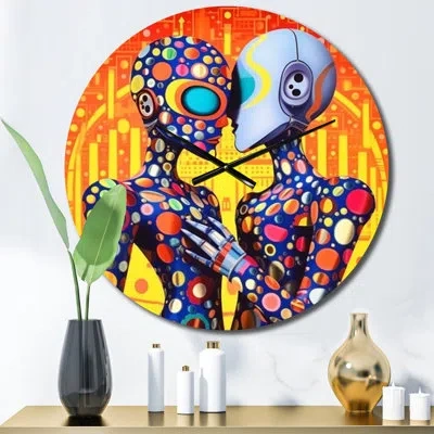 Design Art Retro Robot Couple In Love Vi Metal Wall Clock In Purple