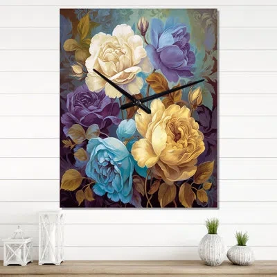 Design Art Retro Roses Blooming I - Rose Modern Wall Clock In Purple