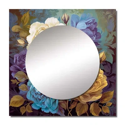 Design Art Retro Roses Blooming Pink Blue And White I - Rose Large Square Mirror Wall Decor For Bedroom In Purple