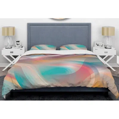 Design Art Retro Shining Waves Mid-century Duvet Cover Set In Brown,teal,pink