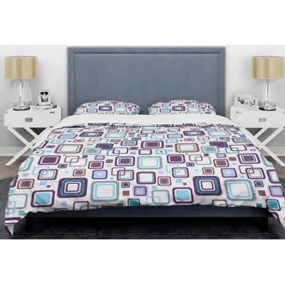 Design Art Retro Square I Mid-century Duvet Cover Set In Purple