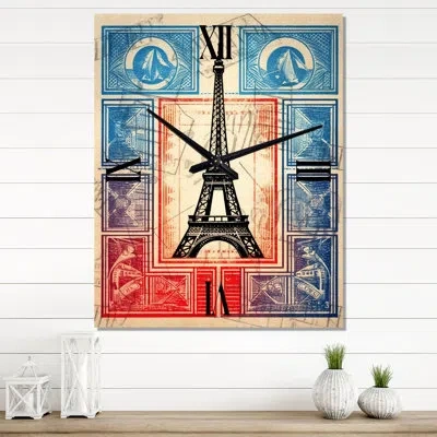 Design Art Retro Stamp Illustration Paris Eiffel Tower - City Paris Modern Wall Clock In Blue