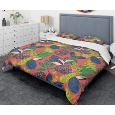Design Art Retro Tropical Leaves I Mid-century Duvet Cover Set In Red,blue,green
