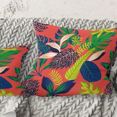 Design Art Retro Tropical Leaves I - Mid-century Modernprinted Throw Pillow In Blue;white;green;red;yellow;pink