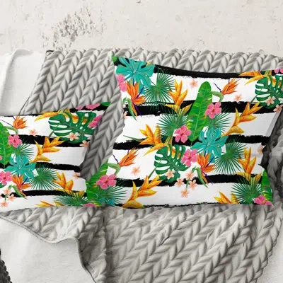 Design Art Retro Tropical Leaves Ii - Mid-century Modernprinted Throw Pillow In Blue;white;green;red;yellow;pink