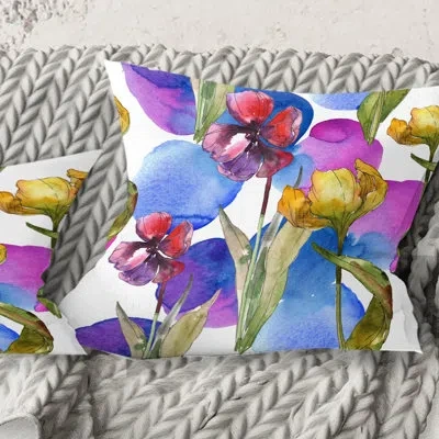 Design Art Retro Tulips In Purple - Mid-century Modernprinted Throw Pillow In Blue