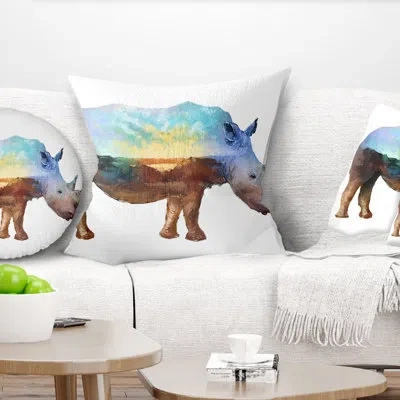 Design Art Rhino Double Exposure - Animal Printed Pillow In White