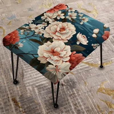 Design Art Rhododendron Blooms Floral Pattern - Floral Rectangle Ottoman In White;orange