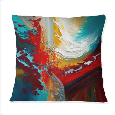 Design Art Rhythmic Abstract Teal Awakening - Abstract Painting Printed Throw Pillow In White;red