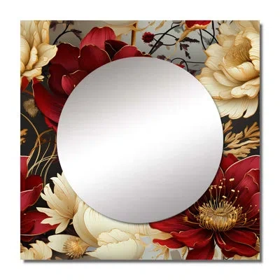 Design Art Rich Beige And Red Poppies Opulent Flowers - Floral Large Square Mirror Wall Decor For Bedroom In Gold;red