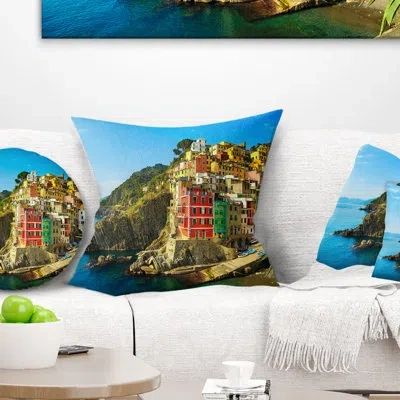 Design Art Riomaggiore Village Rocky Beach - Sea & Shore Printed Pillow In Blue
