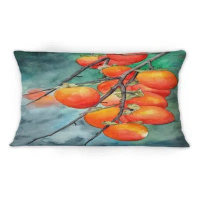 Design Art Ripe Persimmons On Branches On Green - Traditional Printed Throw Pillow 1