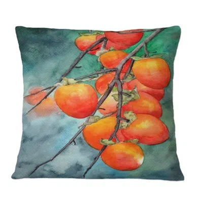 Design Art Ripe Persimmons On Branches On Green - Traditional Printed Throw Pillow In Orange