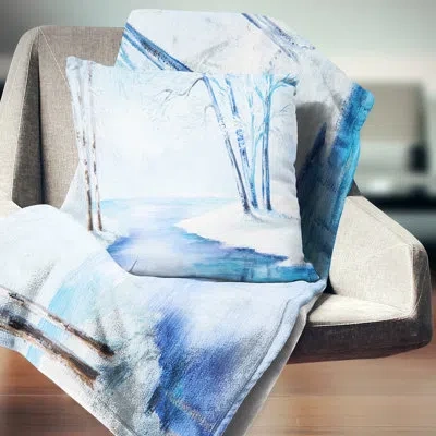 Design Art River In Snowy Winter - Landscape Printed Pillow In Blue;white