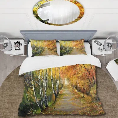 Design Art River In The Autumn Woods - Traditional Duvet Cover Set - Microfiber Polyester In Orange