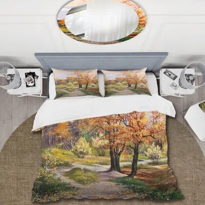 Design Art River In The Orange Woods - Country Duvet Cover Set - Microfiber Polyester In Red,yellow,brown