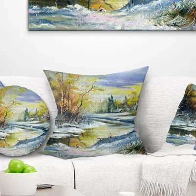 Design Art River In The Spring Woods - Landscape Printed Throw Pillow In Blue;yellow