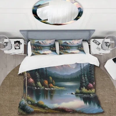 Design Art River Quietude In The Afternoon - Mountains Duvet Cover Set - Microfiber Polyester In White;green