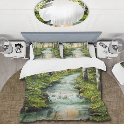 Design Art River Through Birch Forest - Lake House Duvet Cover Set - Microfiber Polyester In Green