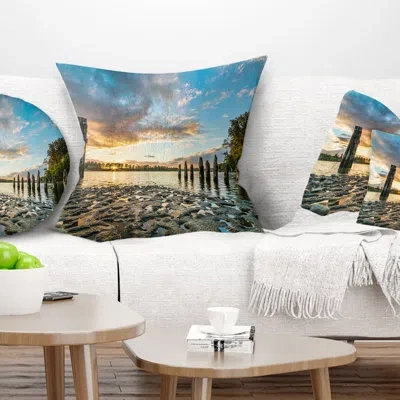 Design Art Riverside Sunset With Wood - Sea & Shore Printed Pillow In Blue;white