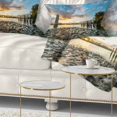 Design Art Riverside Sunset With Wood - Sea & Shore Printed Throw Pillow