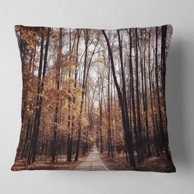 Design Art Road In Autumn Golden Forest - Forest Printed Pillow