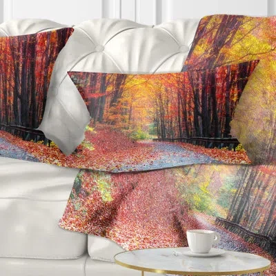 Design Art Road In Beautiful Autumn Forest - Forest Printed Throw Pillow