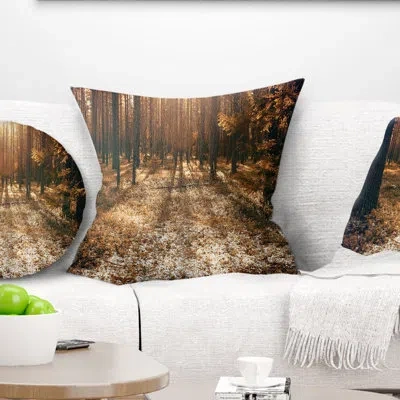Design Art Road In Dark Wooded Forest - Forest Printed Pillow In Brown