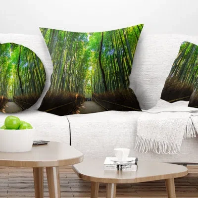 Design Art Road Through Dense Bamboo Groves - Landscape Printed Pillow In Green