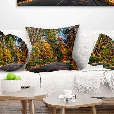 Design Art Road Through Lit Up Fall Forest - Landscape Printed Pillow In Green