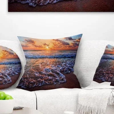 Design Art Roaring Sea Wavers During Sunset - Sea & Shore Printed Pillow In Yellow
