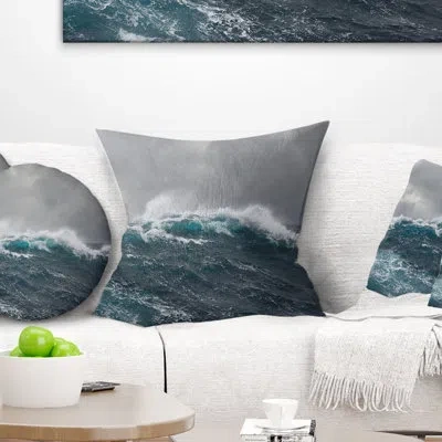 Design Art Roaring Waves Under Cloudy Sky - Sea & Shore Printed Pillow In Blue;gray