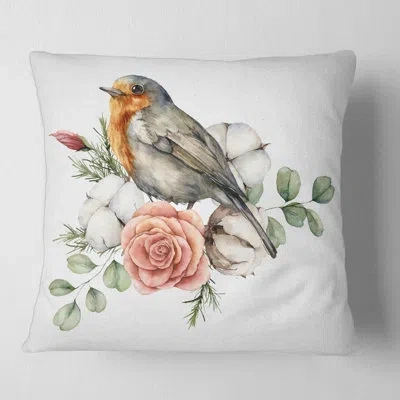 Design Art Robin Redbreast With Rose And Leaves Square Pillow Cover & Insert In Green