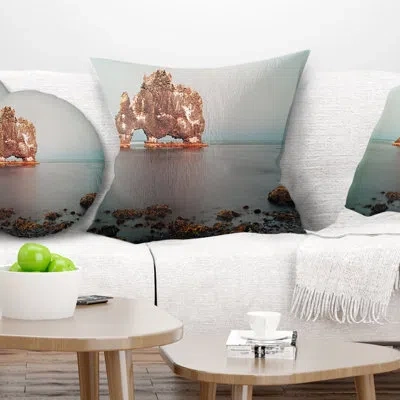 Design Art Rock Sea Symbol In Iceland - Sea & Shore Printed Throw Pillow In Blue