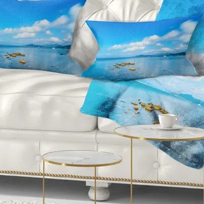 Design Art Rocks In A Blue Panoramic Sea Bay - Sea & Shore Printed Throw Pillow