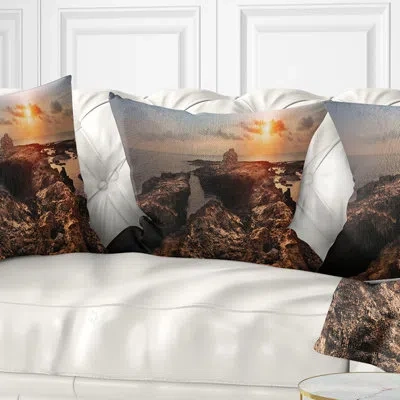 Design Art Rocky African Coast Panorama - Sea & Shore Printed Pillow In Brown;orange
