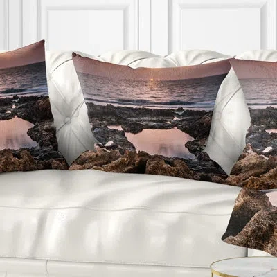 Design Art Rocky African Coastline Sunset - Sea & Shore Printed Pillow In Blue;black;brown;green;red;yellow