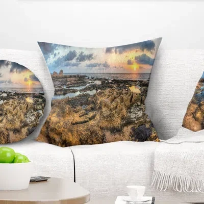 Design Art Rocky African Seashore Panorama - Sea & Shore Printed Throw Pillow In Blue;orange