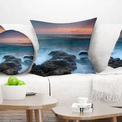 Design Art Rocky Beach And White Waves - Sea & Shore Printed Throw Pillow In Blue